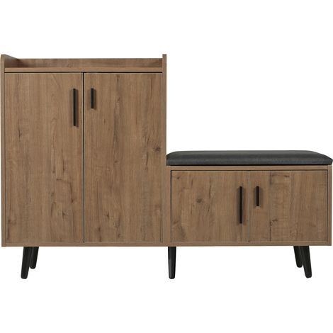 Banco zapatero con asiento acolchado y acabado efecto madera natural, 4 puertas, 120 x 34 x 82,8 cm (1/5)