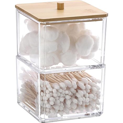 Juego de 2 cajas apilables de acrílico para hisopos de algodón - Pequeño organizador de tocador - Caja de almacenamiento transparente con tapa de bambú para huevos de belleza, cosméticos, papelería (1/5)