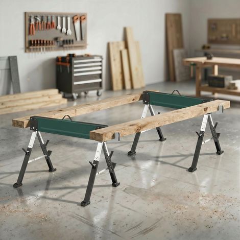 Ensemble de 2 tréteaux pliables en métal, charge maximale 1160 kg, hauteur réglable de 64 à 81 cm, poignée de transport, vert (1/5)