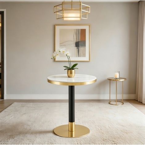 Tavolino rotondo 60 cm in MDF effetto marmo bianco, metallo nero e oro DESVIAE (1/5)