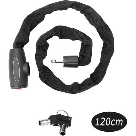 1 chaîne antivol, câble acier manganèse 10 mm, chaîne vélo verrouillable, housse nylon, 120 cm, usage polyvalent