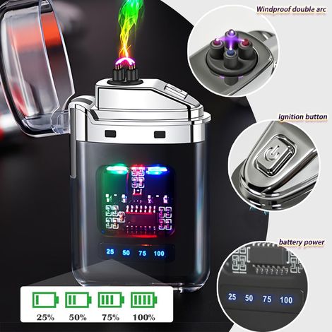 Briquet électronique, Briquet Rechargeable Type-C, Bri-Quet à Arc électrique Double, Affichage de Puissance LED, Plasma à Double Arc Coupe-Vent, Compact et Facile à Transporter (1/4)