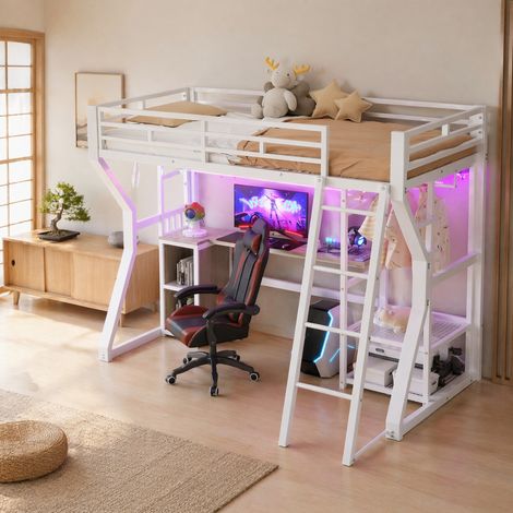 Hochbett 90x200 cm Weiß aus Metall und MDF mit Schreibtisch, Lichtleiste, Steckdose und Stauraum (1/5)
