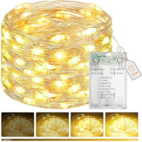 5 m lange Lichterkette mit 50 LEDs, batteriebetrieben, mit Timer, dimmbar, 8 Modi, wasserdicht, USB-Anschluss, für Weihnachten, Partys, warmweiß