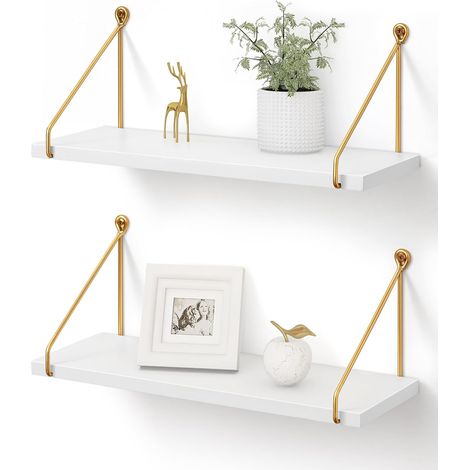 Étagères Murales Modernes en Bois Blanc et Métal Doré, Lot de 2 Étagères flottantes en bois et métal, pour livres, plantes et déco, cuisine, salle de bain, chambre et salon (1/5)