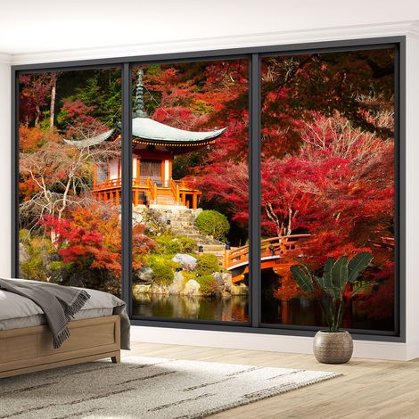 Papier peint panoramique Trompe l'oeil baie vitrée - Temple japonais - 130 cm x 78 cm (1/5)
