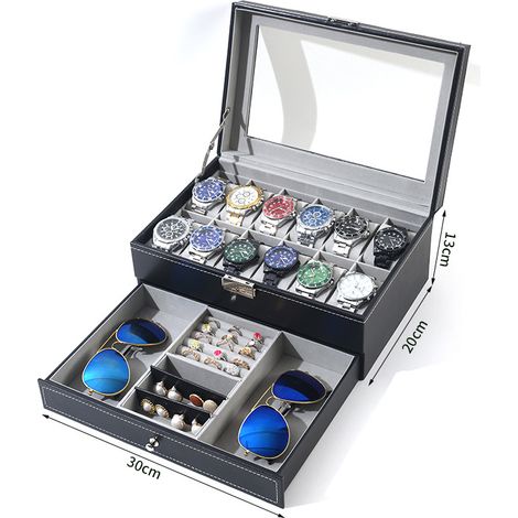 Doppelte Schicht Uhrenbox mit 12 Fächern - Tragbare Aufbewahrung und Präsentation für Armbanduhren und Armbänder, Integrierte abnehmbare Box (1 Stück)-lsw