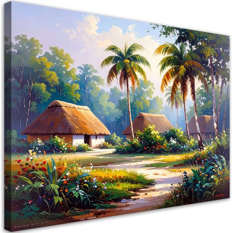 Cuadro sobre Lienzo Casitas rurales en la selva palmeras bosque 30x20 (1/5)