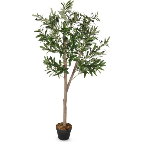 Olivenbaum Kunstpflanze im schwarzen Topf mit 32 Oliven - 150 x 70 cm - Künstlicher Baum im Blumentopf mit 928 Blättern