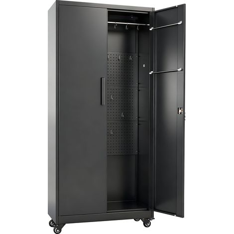 Mophorn Armadio portaoggetti in metallo con ruote da 179,5 cm, dotato di ripiani regolabili, 2 ante magnetiche, asta appendiabiti e 3 ganci. Ideale per dispensa, magazzino e garage. (1/5)