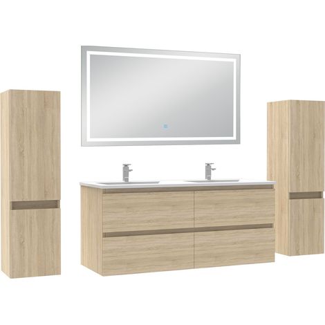 Ocean Ensemble meubles Salle de Bain 120cm avec colonne et miroir lumineux 3 couleurs Chêne Wotan
