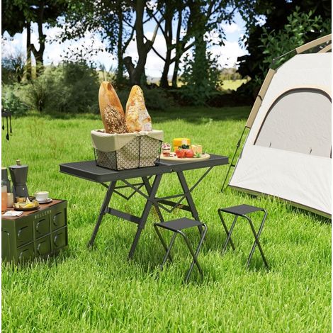 Table de jardin en métal noir rectangulaire pliante, réglable en hauteur, plateau grillagé (1/5)