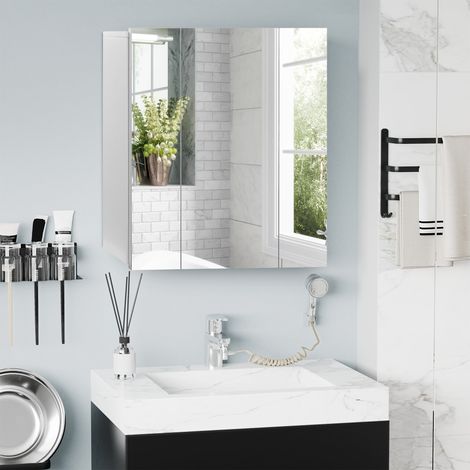 Armario de pared para baño almacenamiento espejo 70 x 15 x 60 cm 3 puertas estantes ajustables contemporáneo en MDF blanco 210001904 (1/5)