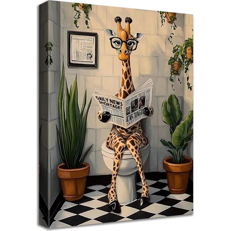 Cadre en Bois Impression sur Toile Girafe Tableau Affiche Decoration Murale Image sur Toile Girafe Amusante Lisant le Journal sur les Toilettes Tableau Decoration Murale Salle de bain WC 30x40cm (1/5)