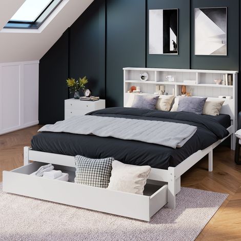 Doppelbett 140x200 cm mit Stauraum und Lattenrost, Massivholzbett mit Schubladen und Bücherregal im Kopfteil, Jugendbett Kiefer Weiß (1/5)