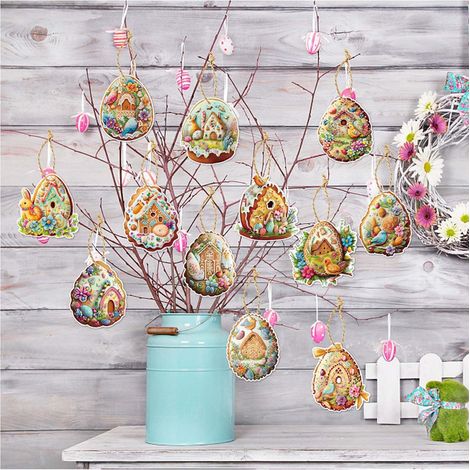 Ornement En Bois - Décoration De Pâques Rétro Avec Corde - Lapin Poussin Oeuf - 12 Pièces (1/5)