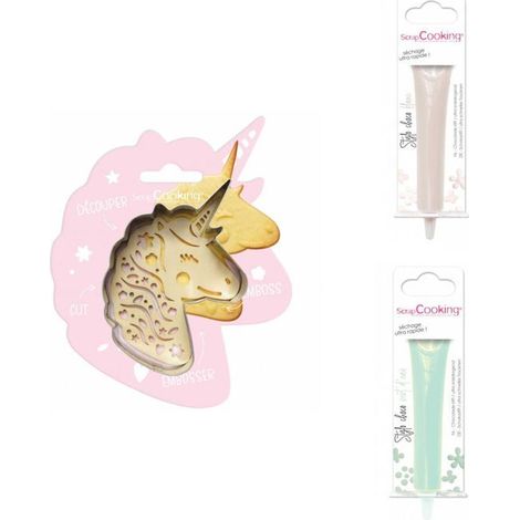 Kit pour biscuit en relief Licorne + 2 Stylos au chocolat blanc et vert d'eau