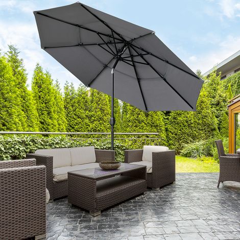 Ombrellone da giardino per esterni, orientabile, Ø 2,85 x 2,5 m con manovella, 2 prese d'aria, tessuto 180 g/m², resistente ai raggi UV, grigio.