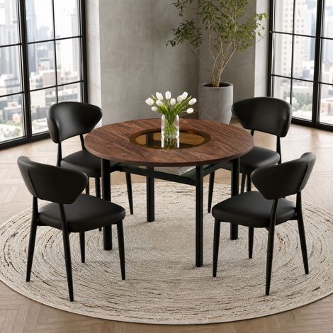 Set tavolo da pranzo rotondo 100 cm in legno marrone, 4 sedie in PU, cucina – MEUBLIV (1/5)