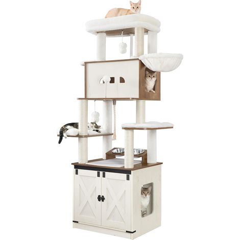 Arbre à chat 173 cm avec meuble litière fermé – Plateforme spacieuse – Matériau panneau de particules – Couleur blanc et marron