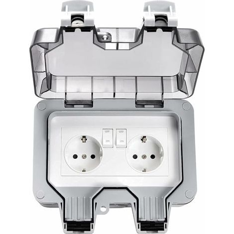 Prises étanches Extérieures, Double Prise Extérieure électrique IP66, Prises Murales étanches à 2 Groupes avec Couvercles, pour intérieur et extérieur, Garage, Piscine, Jardin. (1/5)