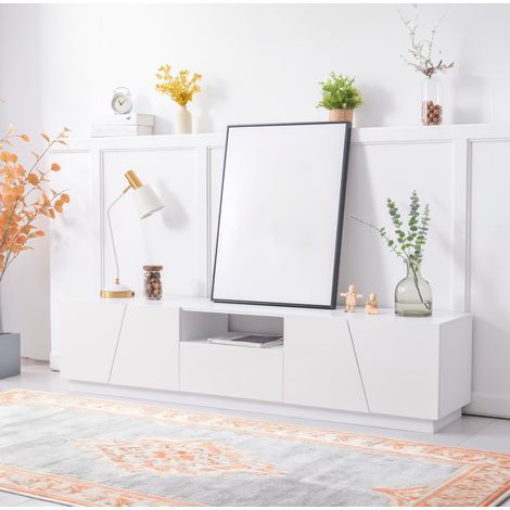 Mueble TV 170x37x42 cm blanco en MDF con 4 puertas, 2 huecos abiertos y diseño patchwork diagonal (1/5)