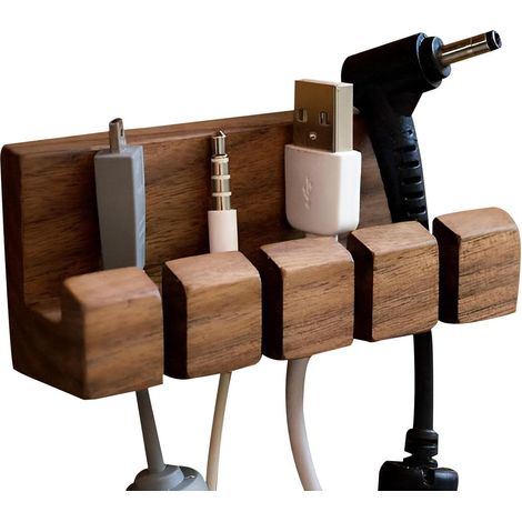 Organizzatore per cavi, portacavi USB in legno, organizzatore per cavi, autoadesivo, fermacavi, nastro adesivo sul retro, 4 fori per cavo di ricarica USB da tavolo