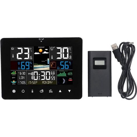 Drahtlose Wetteruhr mit Kalender, Farb-Touchscreen, RF-Sensor und Temperatur-/Feuchtigkeitsmesser für I (1/4)