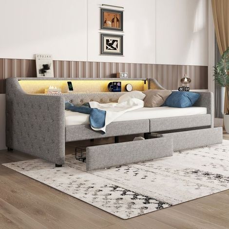 lit banquette 90x200, couchage confortable lit gigogne, sommier inclus, rangement intégré, LED multicolore, ports USB (1/5)