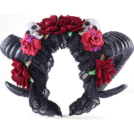 Gothic red rose headband, vampire demon ram horn hair accessory, skull cosplay headband, Pantheon headdress (1/3)