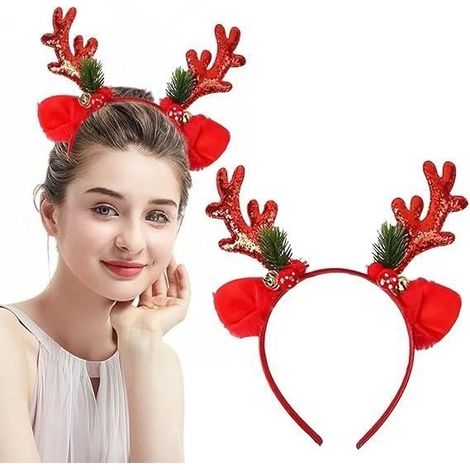 2pcs,Bandeaux de Noël Serre-tête de Noël,Bandeaux de Noël à paillettes en forme de bois de renne de Noël avec oreilles (1/4)