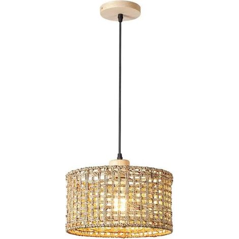 Suspension Luminaire Vintage Tissé Lustre Industriel en Rotin et Bois E27 Lampe de Plafond Style Bohème pour Salon Chambre (1/5)