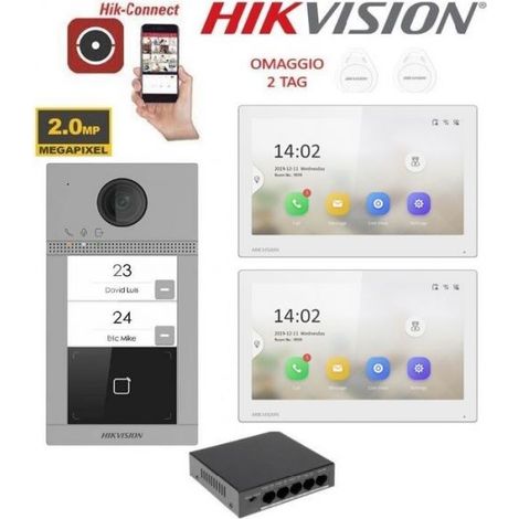 KIT Videocitofono bifamiliare IP Poe Hikvision 2 monitor 7" bianco WIFI smart telecamera 2 mpx