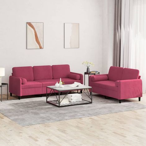 vidaXL Ensemble de canapés 2 pcs avec coussins rouge bordeaux velours (1/5)
