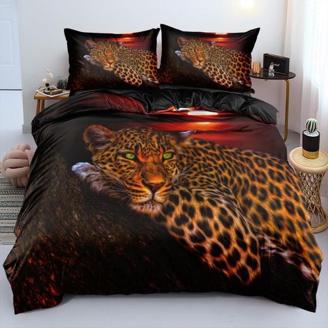 Bettwäsche-Set 3D Leopard Schwarz 220x240cm Mikrofaser mit 2 Kissenbezügen 80x80cm