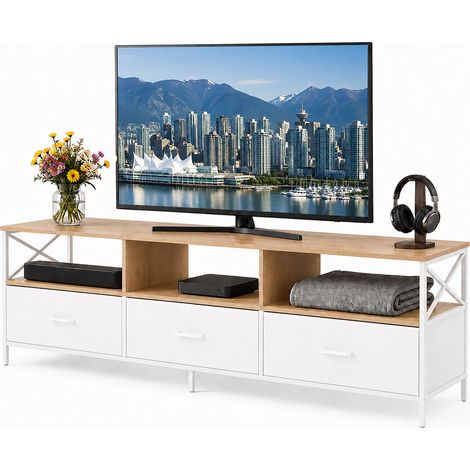 Relaxdays mueble TV bajo con cajones, MDF y metal, 50x147x40cm, acabado blanco efecto madera (1/5)
