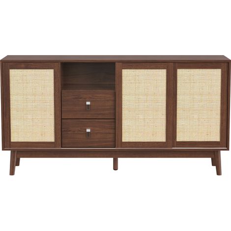 Buffet en bois MDF et panneaux avec 3 portes coulissantes en rotin naturel, 2 tiroirs, 155x38x80 cm, finition bois foncé (1/5)