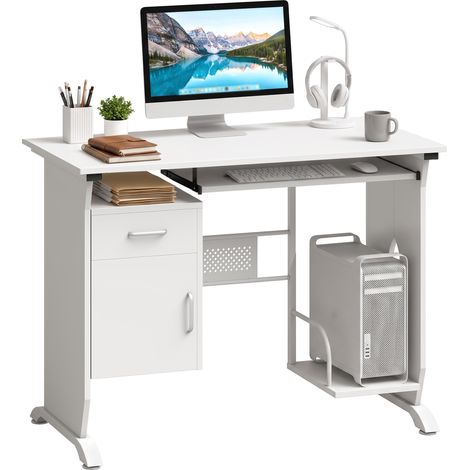 Bureau d'ordinateur, 100 x 52 x 75 cm, tablette coulissante pour clavier, tiroirs et support d'unité centrale, blanc (1/4)
