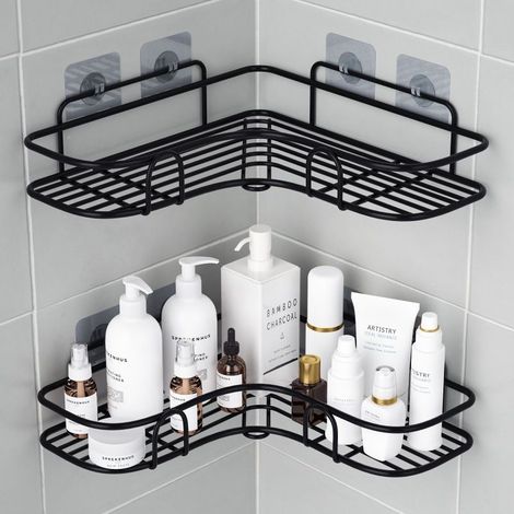 Support de douche d'angle 2 pièces sans perçage, support de salle de bain en acier inoxydable auto-adhésif, meuble de rangement de salle de bain pour rangement de douche de cuisine, porte-savon de dou (1/3)