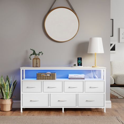 Meuble de Rangement avec LED Réglable et Multiprise, 7 Tiroirs en Tissu, Style Moderne, Chambre, Blanc