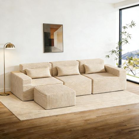 Modular Sofa 258cm Boneless Cloud Couch L Shaped Couch Corner Sofa Memory Foam Corduroy Wide Armrest Deep Seat Pillow Bottom Anti-Slip Living Room Bedroom No Assembly Required Beige 3 Seater&Ottoman
