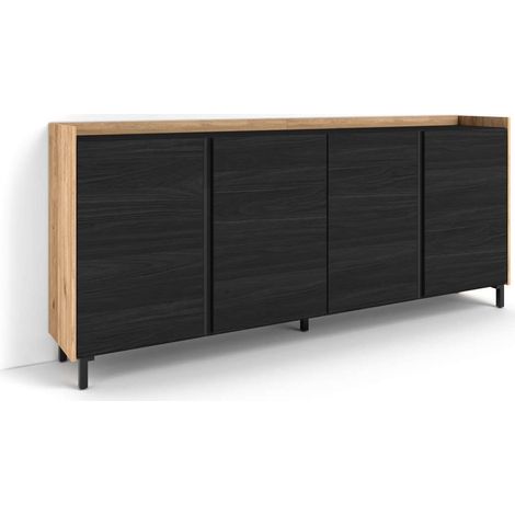 Aparador Alfarnate-01 de 207x91x35 cm con 4 puertas, diseño industrial, color negro y roble (1/4)