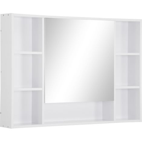 Armoire murale avec miroir pour salle de bain, meuble rangement blanc, 7 étagères ouvertes et placard, 100 x 15 x 70 cm (1/5)