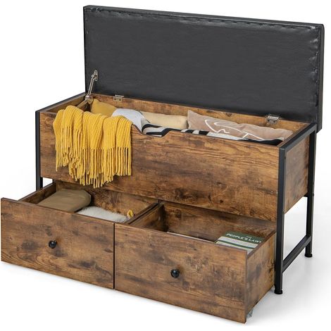 Goplus – Banc d'entrée en bois avec siège rembourré 150 kg – Coffre de rangement style industriel – 2 tiroirs avec charnière de sécurité – Dimensions 101x41x58 cm - Charge150kg (1/5)