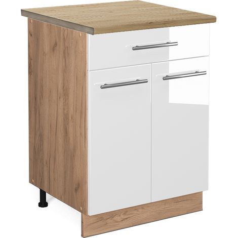 Mueble bajo de cocina Fame-Line, Blanco alto brillo, 60 cm con cajón, ET Roble, Vicco