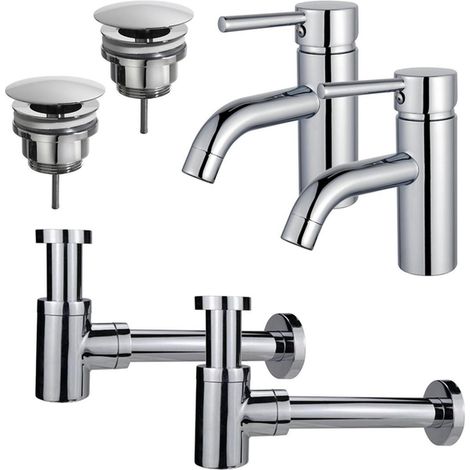 FugaFlow Eccelente Sobrado Kit robinet lavabo - pour double vasque - robinet bas - bonde non-obturable - siphon design bas - Chrome brillant (1/4)