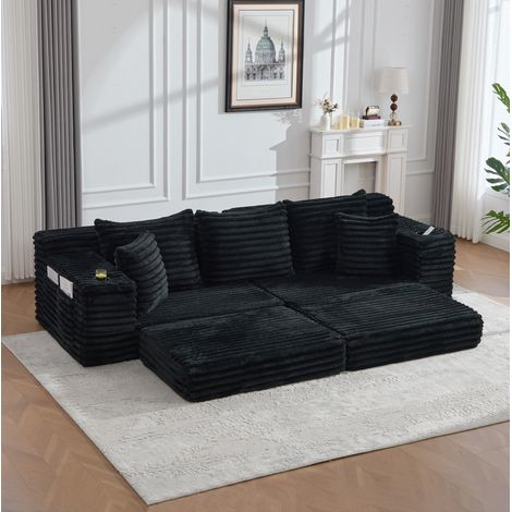Canapé convertible de pana negro 273x98x87 cm con respaldo alto, bolsillos laterales y portavasos (1/5)