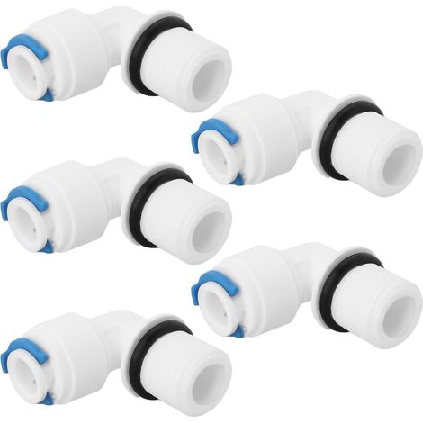 5er-Pack 1/4 Außengewinde auf 1/4 Außengewinde 90°-Kniestückverschraubungen zum Einbau von Ersatzfiltergehäusen für Umkehrosmose-Wasserfiltersysteme
