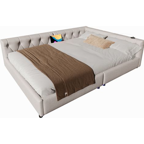 Divano letto 140x200 cm in lino beige con rete, LED, USB e Type-C, senza materasso - CHICFURN (1/5)