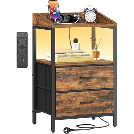 Table de Chevet avec Éclairage LED, Table de Nuit avec 2 Tiroirs de Rangement en Tissu, Tables d'appoint avec Ports USB et 2 Prises CA, pour Chambre, Brun-Noir Rétro (1/5)